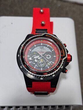 Invicta Aviator Chronograph Quartz Wristwatch Red Black Silicone Band Analog